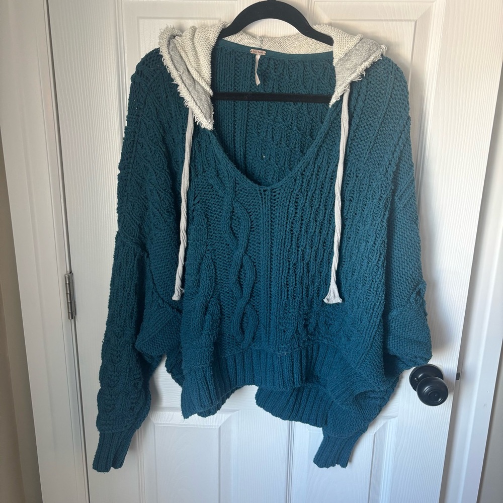 Free People Teal Cable Knit Hoodie Sweater
